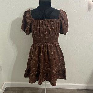 Hesperus Brown Floral Mini Dress | Puff Sleeve Smocked Waist | Size Large